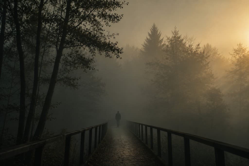 Figure crossing a narrow bridge into foggy forest, soft golden light through mist.