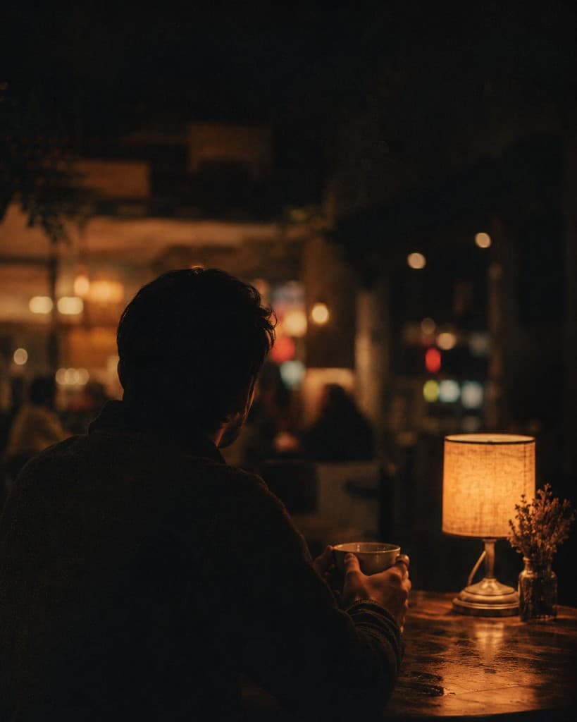 Stylized night cafe scene: figure from behind at a wooden table, warm lamp glow, soft background lights.