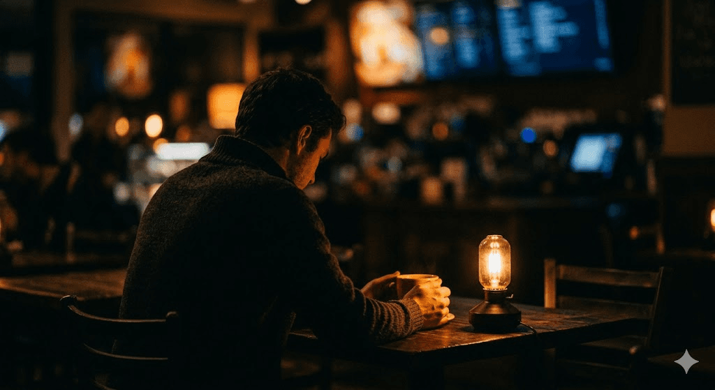 Wide cinematic cafe interior at night, warm lamp on table, figure holding a mug, blurred warm lights behind.