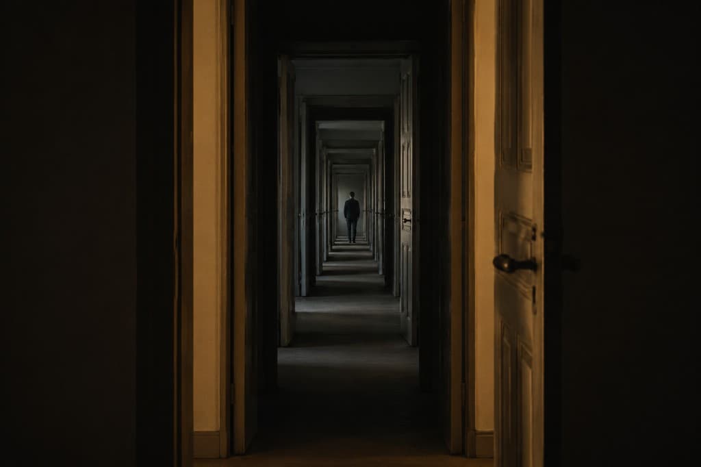 Deep symmetrical corridor with repeated doorframes and a small figure far ahead, dramatic perspective.