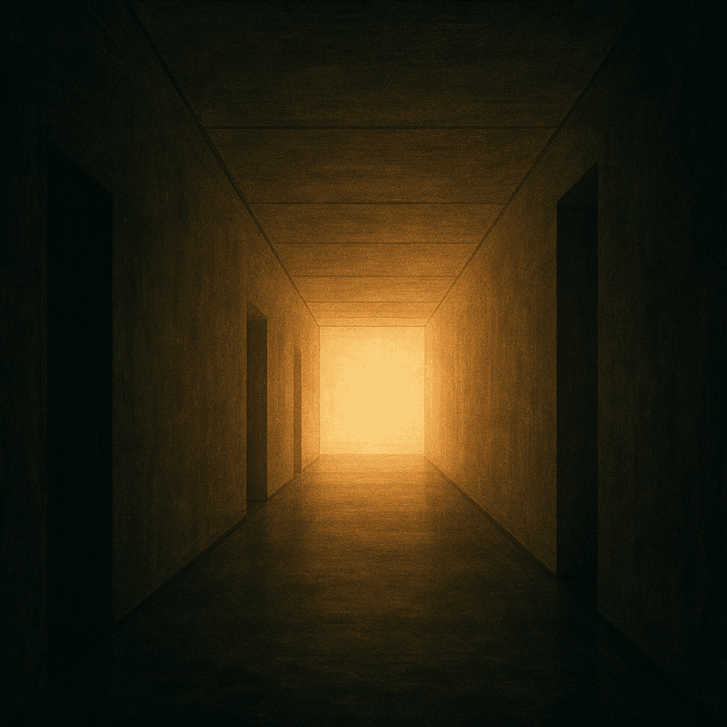 Long empty corridor with soft warm glow at the far end, moody and introspective, vanishing point architecture (generated artwork, not a photograph).