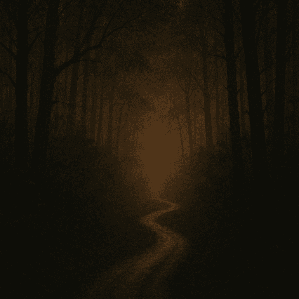 Narrow winding path disappearing into thick forest fog, amber light filtering through dark trees — mood of being stuck or uncertain (generated artwork, not a photograph).