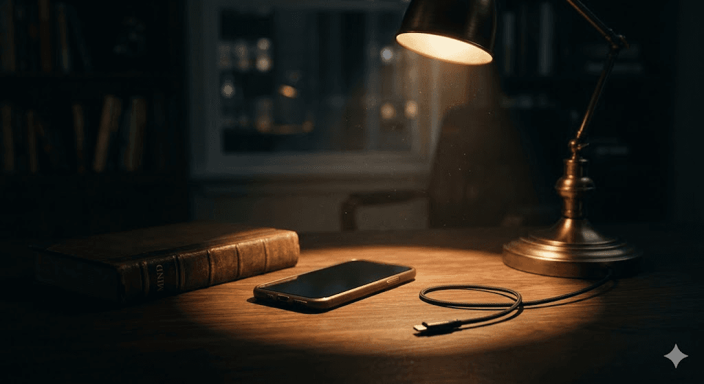 Still life on a dark desk: warm lamp light on a closed book and phone, dust in the beam, scholarly night mood.