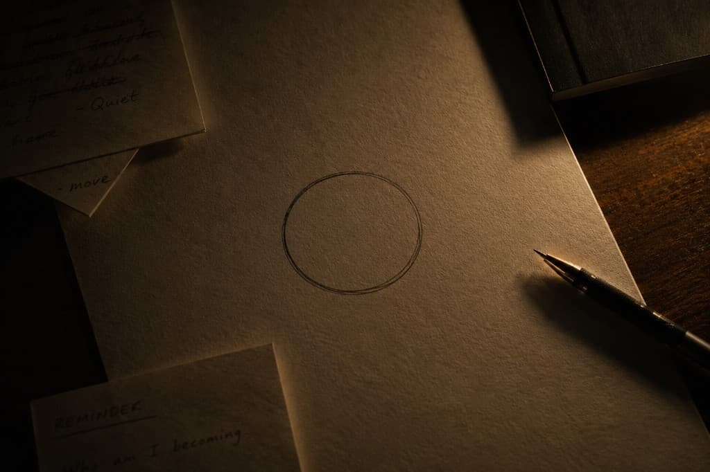 Overhead view of a desk: hand-drawn pencil circle on textured paper, mechanical pencil, warm side light.