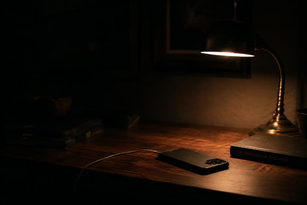 Low-key desk at night: phone face down beside a book under a warm reading lamp, deep shadows.