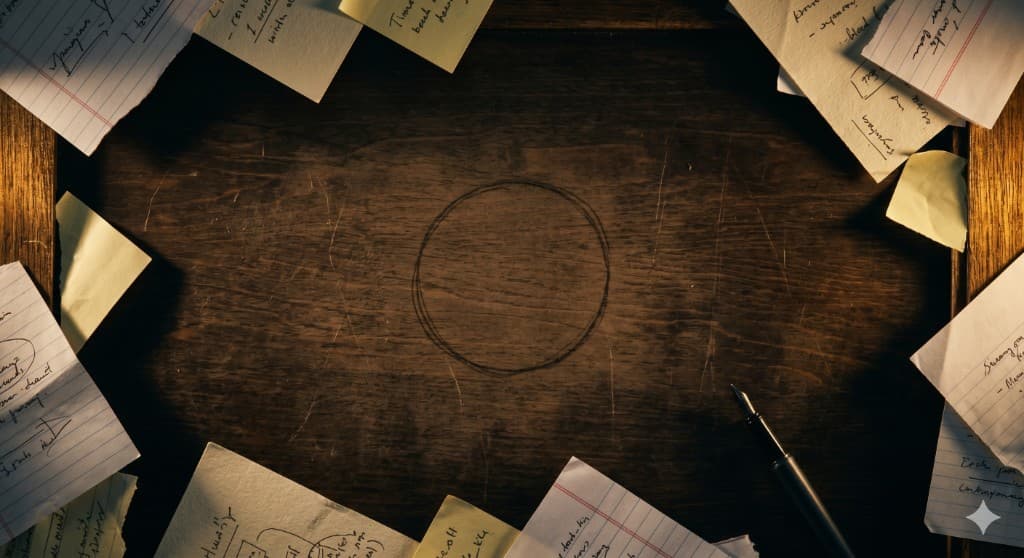 Dark wood desk from above with a faint hand-drawn circle at center, scattered notes at edges, fountain pen.