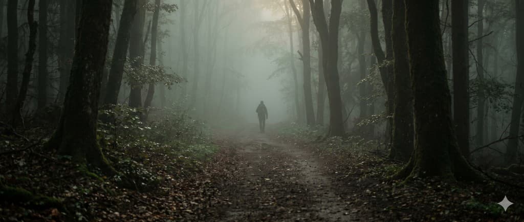 Silhouette walking a forest path into pale mist and diffused light between dark trees.