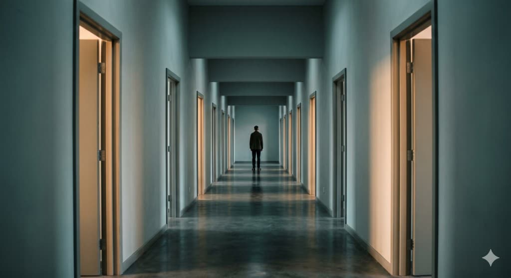 Minimalist hallway with cool ambient light and warm light spilling from many open doorways, figure at vanishing point.