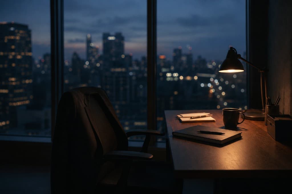 Night office with warm desk lamp, chair, and blurred city lights through a large window.