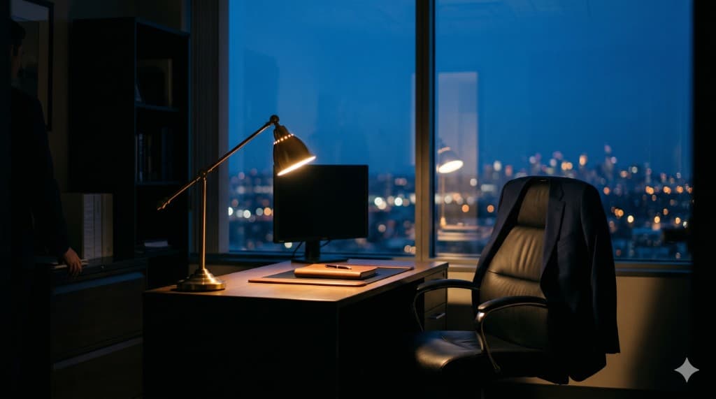 Executive desk at night, brass lamp, notebook, jacket on chair, city bokeh outside.