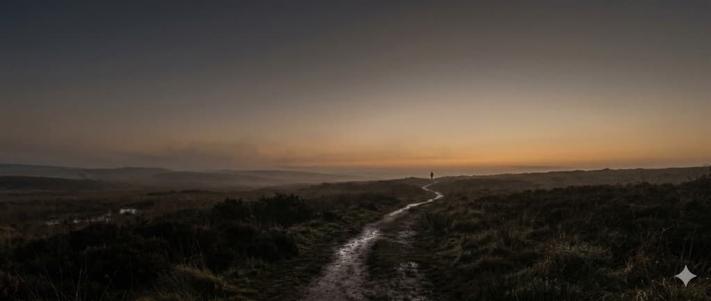 Lone small figure on a winding path through open moorland, mist and soft dawn light.
