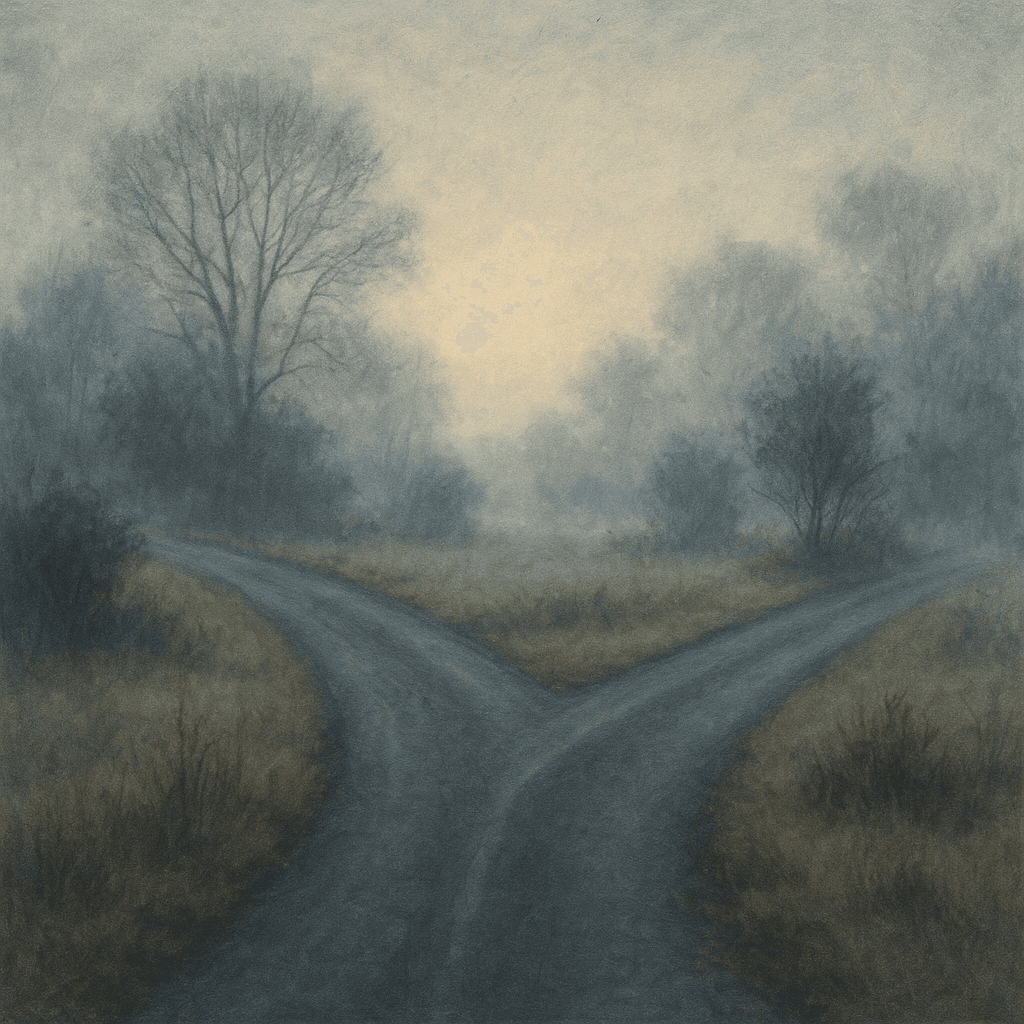 A road branching into two directions in soft morning mist, pale light, metaphorical mood about decisions (generated artwork, not a photograph).