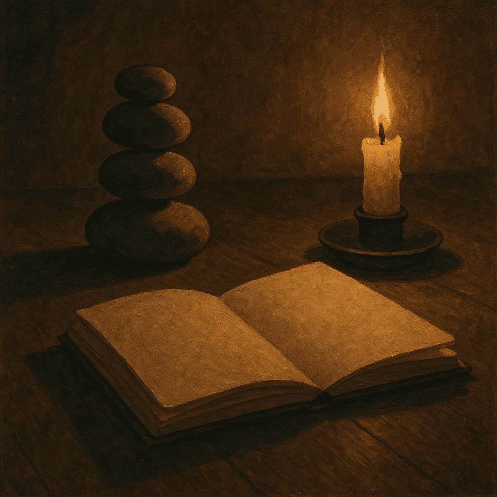 Stacked stones beside an open notebook on a dark surface, candlelight casting long shadows, meditative mood (generated artwork, not a photograph).
