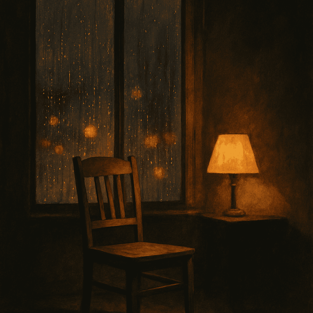 Single wooden chair at a rain-streaked window at night, city lights blurred outside, warm lamp inside — lonely contemplative mood (generated artwork, not a photograph).