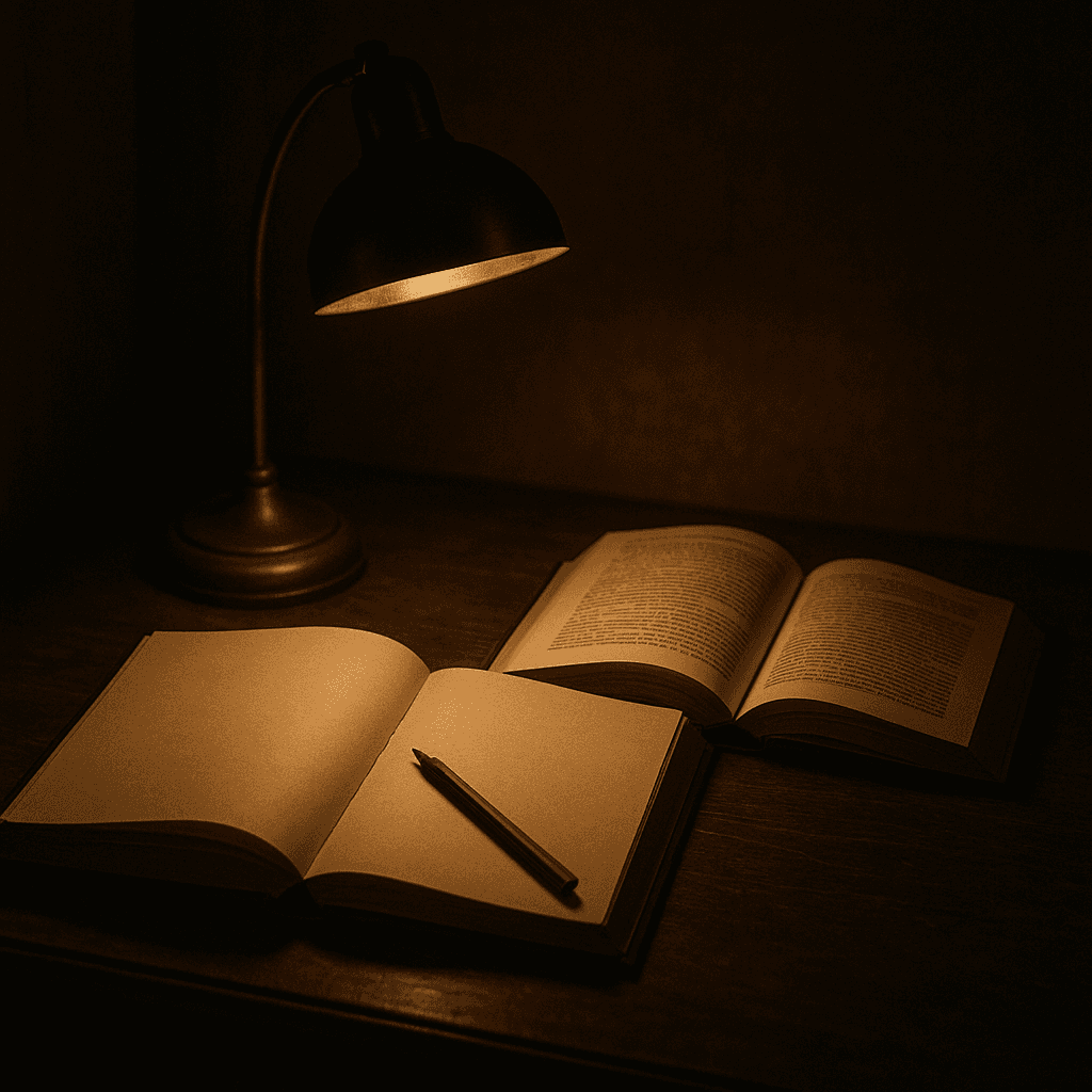 Two open books on a dark wooden desk, one with a blank page and pencil, warm reading lamp, contemplative mood (generated artwork, not a photograph).