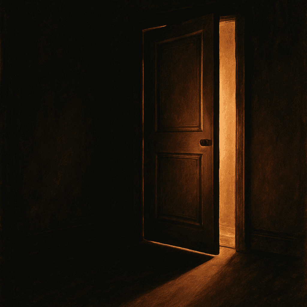 A single door ajar in a dark hallway, warm light spilling through the crack, dramatic shadow, threshold mood (generated artwork, not a photograph).