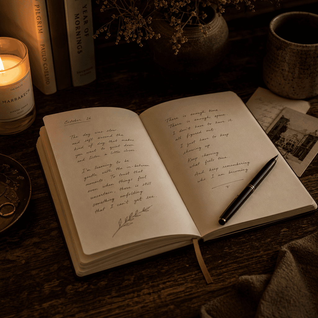 Open journal notebook on a dark wooden desk, soft warm candlelight, a pen resting on the page, quiet and intimate mood (generated artwork, not a photograph).