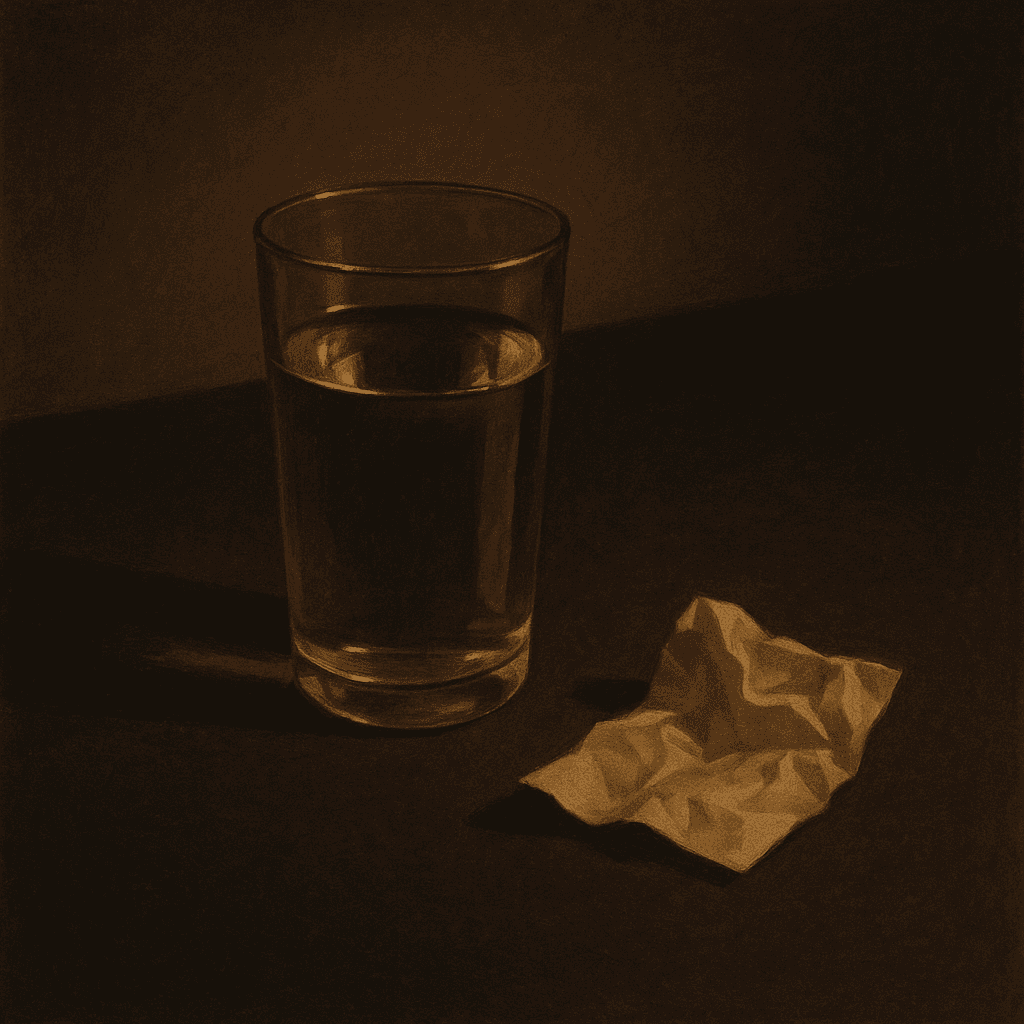 Glass of water and a crumpled note on a dark table, soft overhead light, minimal and decisive composition (generated artwork, not a photograph).